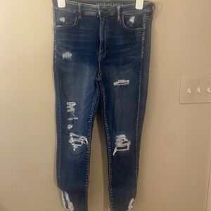 American Eagle Outfitters Women's Dark Blue Ripped Skinny Jeans